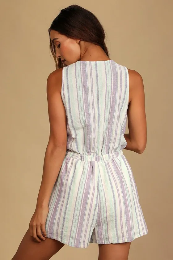 Forever Adventure Lilac Multi Striped Drawstring Romper sold by Lulus product image thumbnail 4