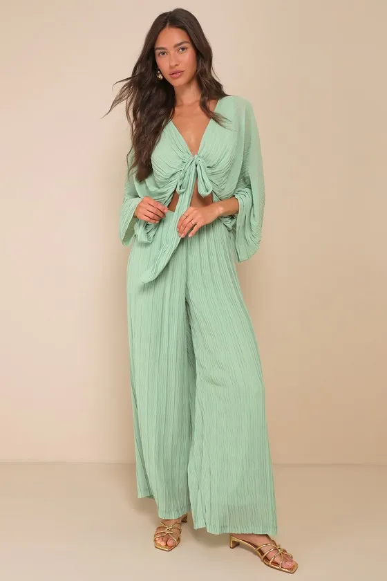 Pristine Presence Sage Plisse High-Waisted Wide-Leg Pants sold by Lulus