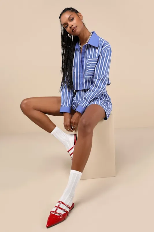 Playful Babe Blue and White Striped Cropped Button-Up Top sold by Lulus