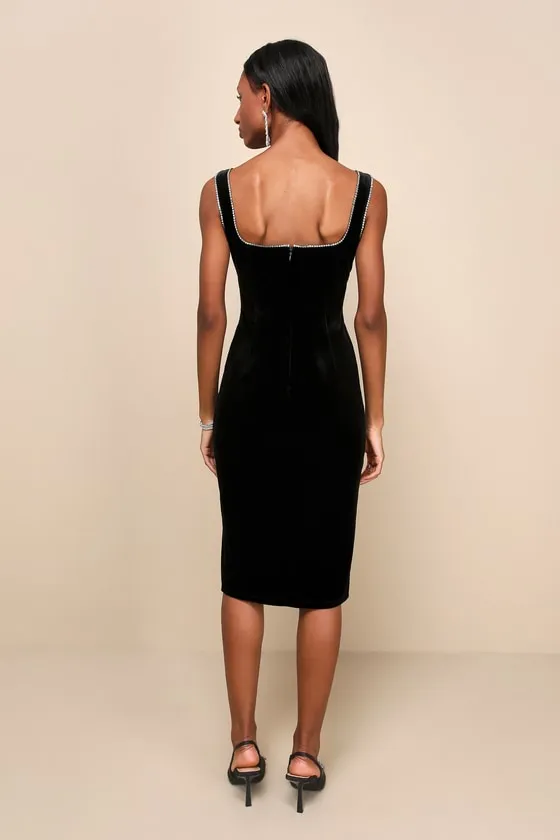 Posh Sparkle Black Velvet Rhinestone Notched Midi Dress sold by Lulus product image thumbnail 4