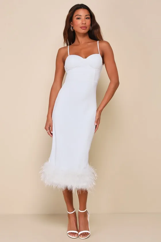 Passion for Glamour White Sleeveless Bustier Feather Midi Dress sold by Lulus