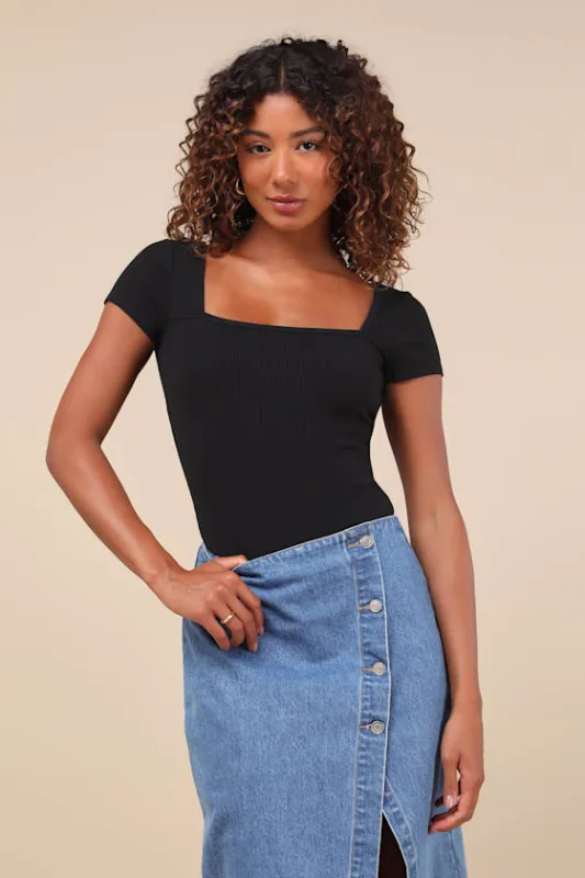 Always Confident Black Ribbed Square Neck Short Sleeve Bodysuit sold by Lulus