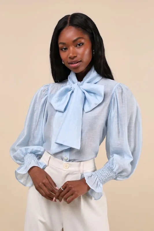Wind River Light Blue Poet Sleeve Bow Collar Button-Up Top sold by Lulus