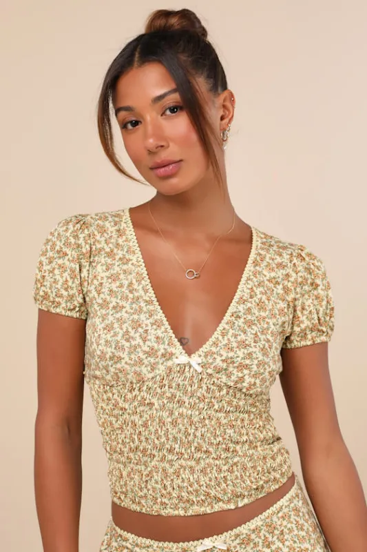 Hevaca Yellow Ditsy Floral Smocked Short Sleeve Top sold by Lulus