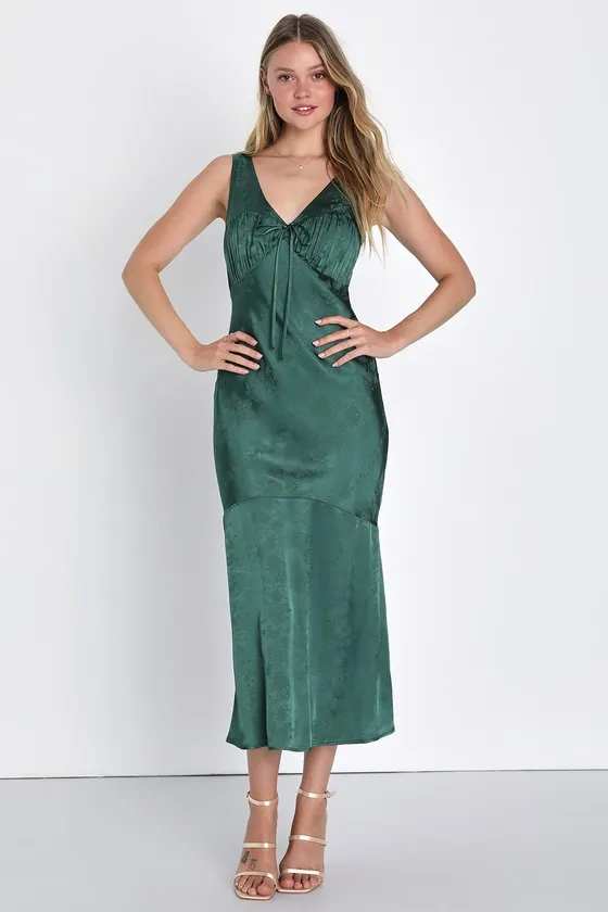 Exceptional Ideal Emerald Green Satin Jacquard Midi Dress sold by Lulus
