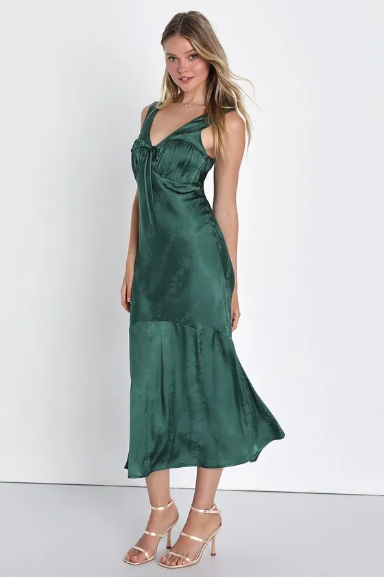 Exceptional Ideal Emerald Green Satin Jacquard Midi Dress sold by Lulus product image thumbnail 4