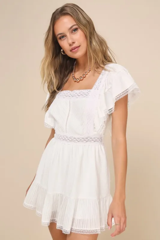 Flirty Sweetheart White Clip Dot Lace Flutter Sleeve Romper sold by Lulus