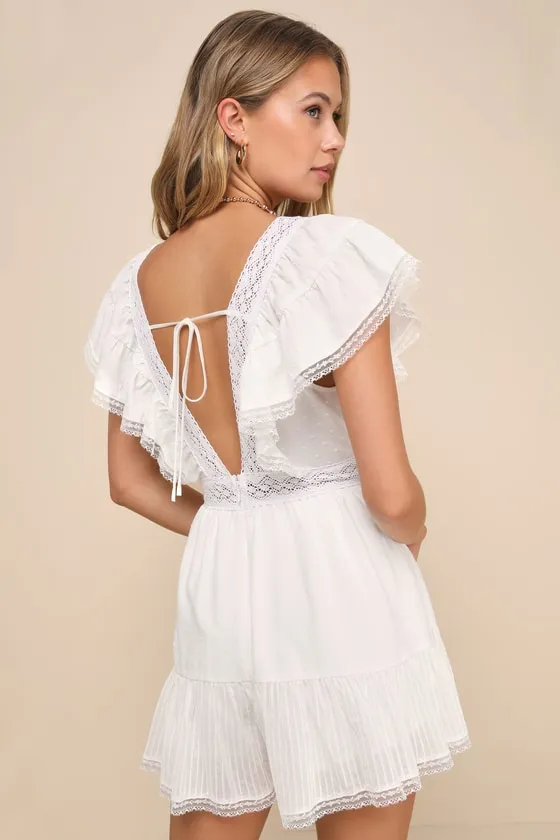 Flirty Sweetheart White Clip Dot Lace Flutter Sleeve Romper sold by Lulus product image thumbnail 2