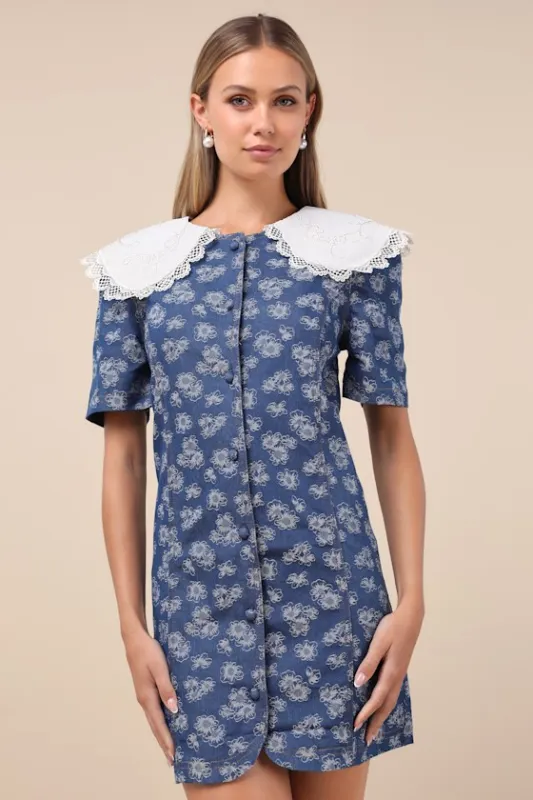 Wildflower Blue Floral Jacquard Denim Lace Collar Mini Dress sold by Lulus