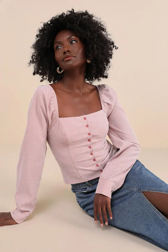 Demure and Sweet Terracotta Gingham Button-Front Long Sleeve Top sold by Lulus