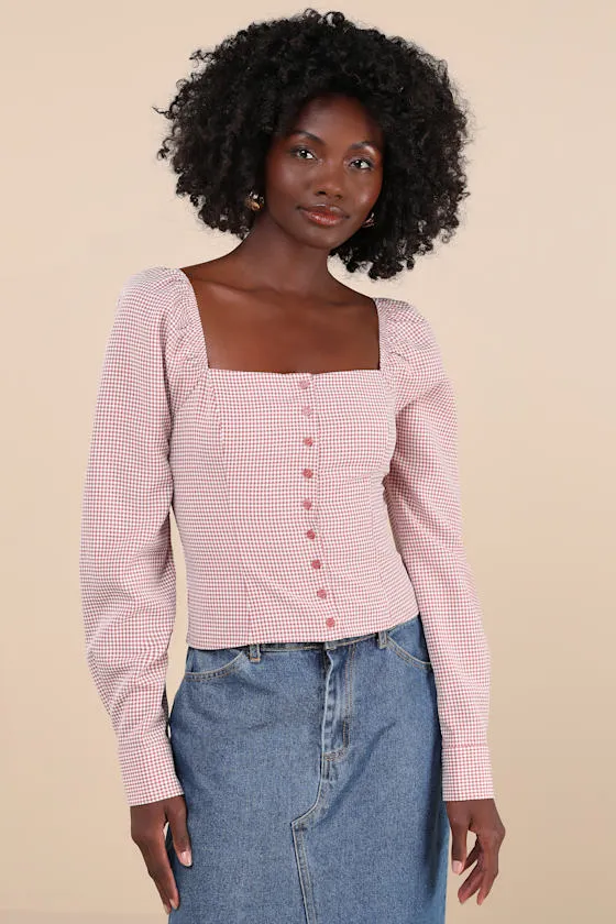 Demure and Sweet Terracotta Gingham Button-Front Long Sleeve Top sold by Lulus product image thumbnail 2