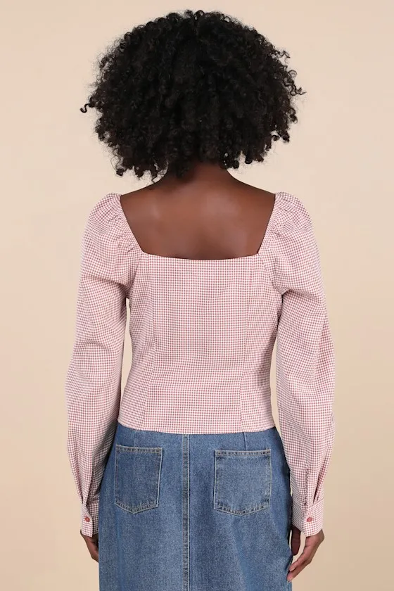Demure and Sweet Terracotta Gingham Button-Front Long Sleeve Top sold by Lulus product image thumbnail 3