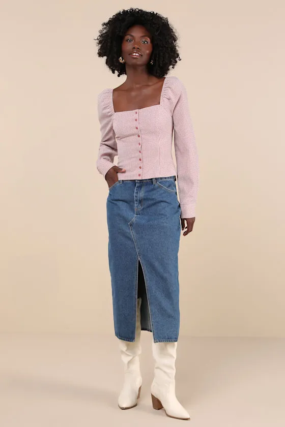 Demure and Sweet Terracotta Gingham Button-Front Long Sleeve Top sold by Lulus product image thumbnail 4