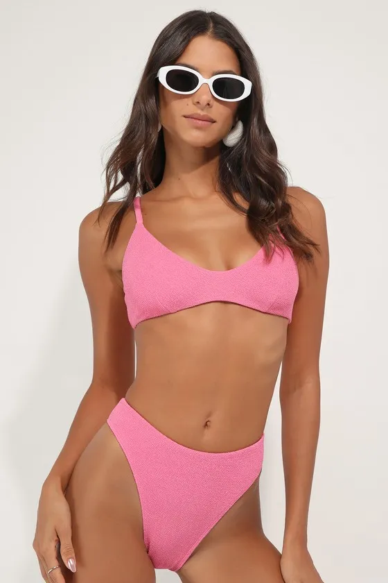 Coastal Cutie Pink Textured Mid-Rise Cheeky Bikini Bottoms sold by Lulus
