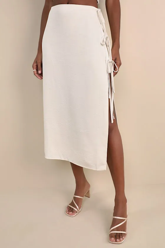 Marvelously Sleek Champagne Satin Crinkled Side-Tie Midi Skirt sold by Lulus product image thumbnail 2