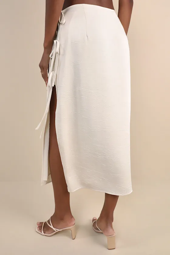 Marvelously Sleek Champagne Satin Crinkled Side-Tie Midi Skirt sold by Lulus product image thumbnail 3