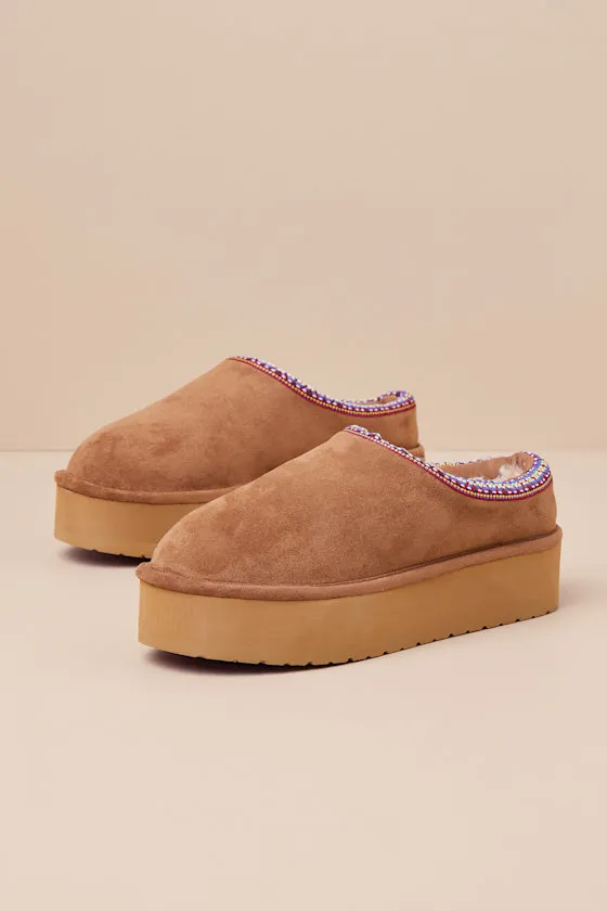 Elyse-W Tan Suede Embroidered Flatform Slippers sold by Lulus