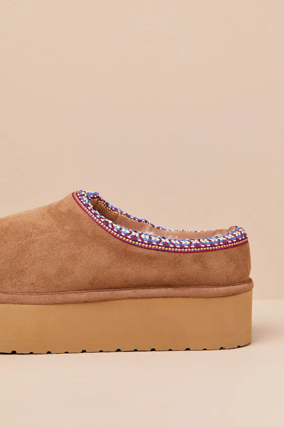 Elyse-W Tan Suede Embroidered Flatform Slippers sold by Lulus product image thumbnail 3