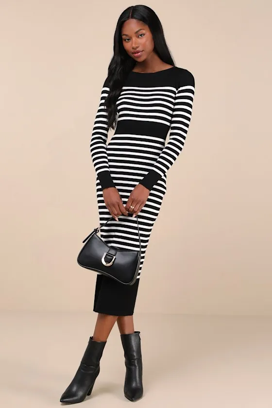 Effortlessly Ready Black Striped Ribbed Midi Sweater Dress sold by Lulus