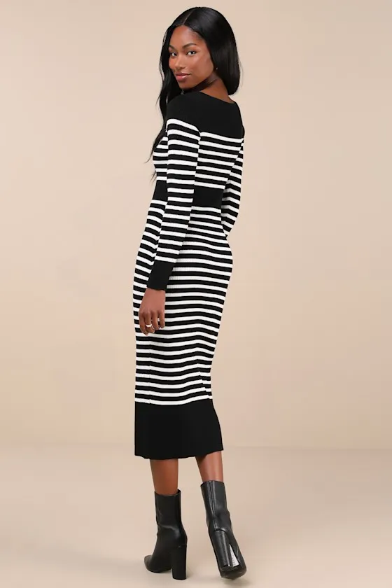 Effortlessly Ready Black Striped Ribbed Midi Sweater Dress sold by Lulus product image thumbnail 2