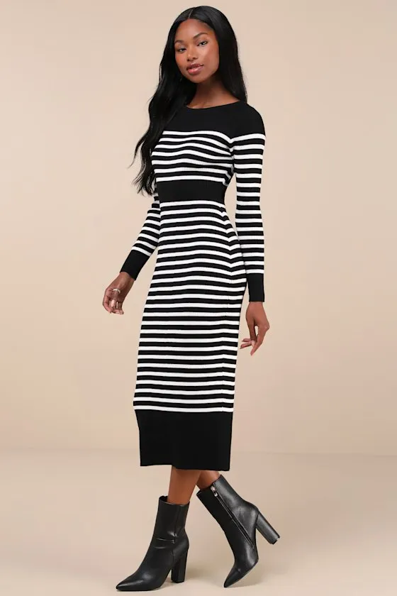 Effortlessly Ready Black Striped Ribbed Midi Sweater Dress sold by Lulus product image thumbnail 3