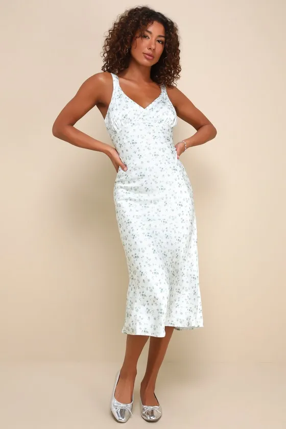 Dainty Romantic Sage Green Floral Satin Midi Dress sold by Lulus