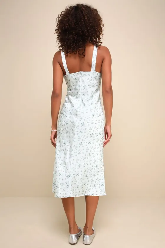 Dainty Romantic Sage Green Floral Satin Midi Dress sold by Lulus product image thumbnail 3