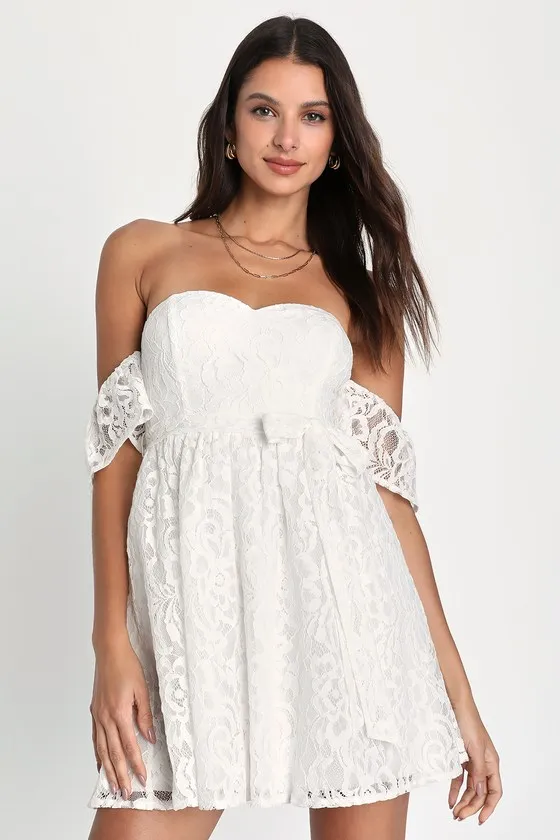 Inspired Cutie White Lace Off-the-Shoulder Mini Dress sold by Lulus