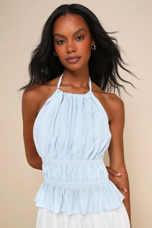 Gorgeous Design Light Blue Lace Ruffled Halter Top sold by Lulus