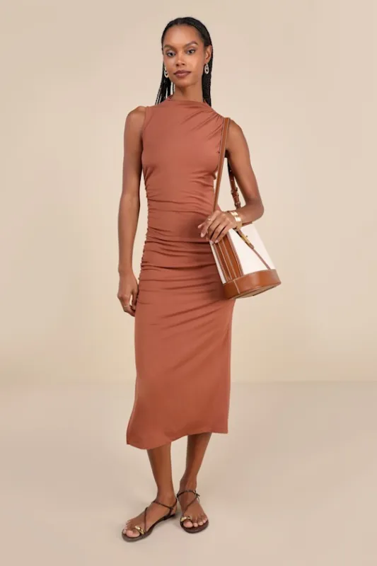 Elevated Presence Brown Sleeveless Ruched Funnel Neck Midi Dress sold by Lulus
