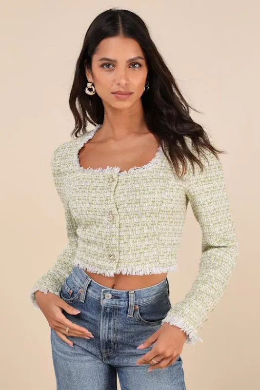 Instinctively Upscale Green Tweed Lurex Cropped Jacket sold by Lulus