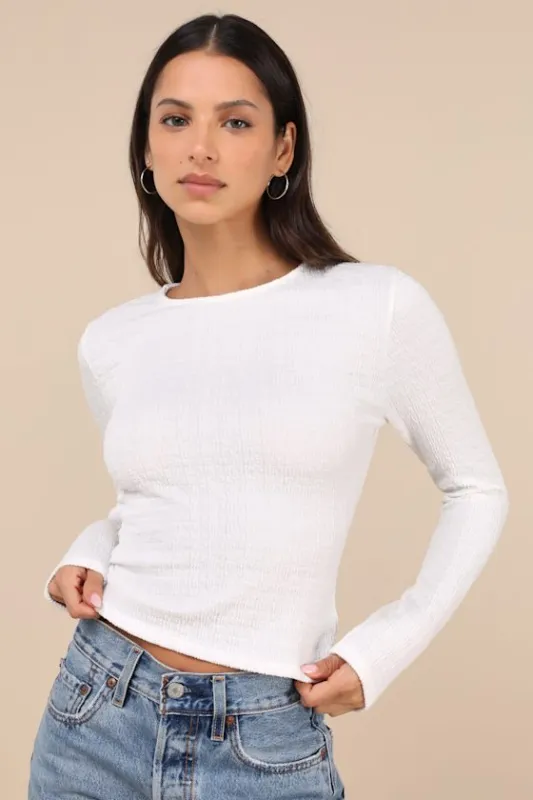 Iconic Composure White Textured Twist-Back Long Sleeve Top made by Lulus