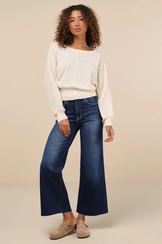 Stylish Promise Dark Wash Wide-Leg Raw Hem Jeans sold by Lulus