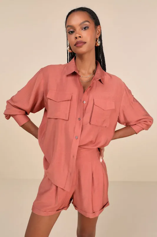Effortlessly Curated Terracotta Long Sleeve Button-Up Top sold by Lulus