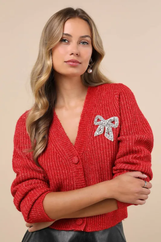 Wintery Sparkle Heather Red Rhinestone Bow Cardigan sold by Lulus