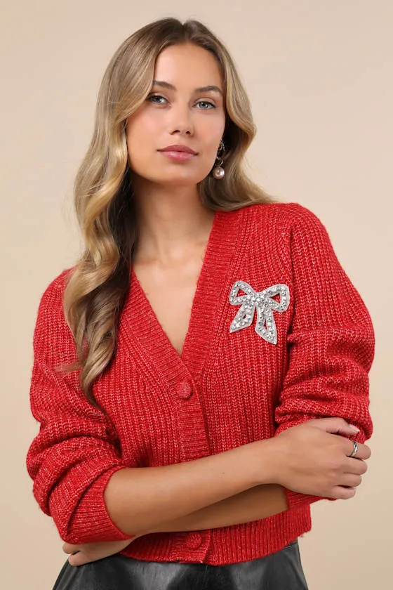 Wintery Sparkle Heather Red Rhinestone Bow Cardigan sold by Lulus
