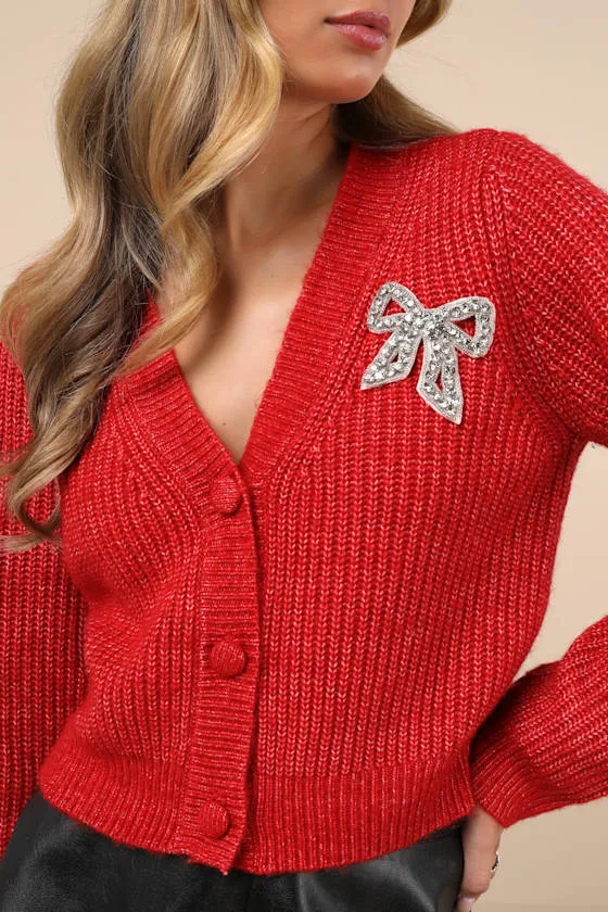 Wintery Sparkle Heather Red Rhinestone Bow Cardigan sold by Lulus product image thumbnail 4