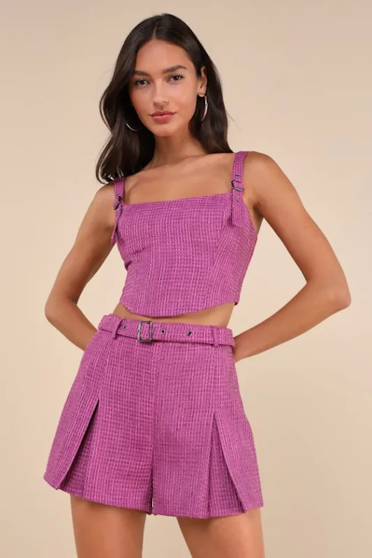 Bold Cutie Purple Tweed Buckle Strap Crop Tank Top sold by Lulus