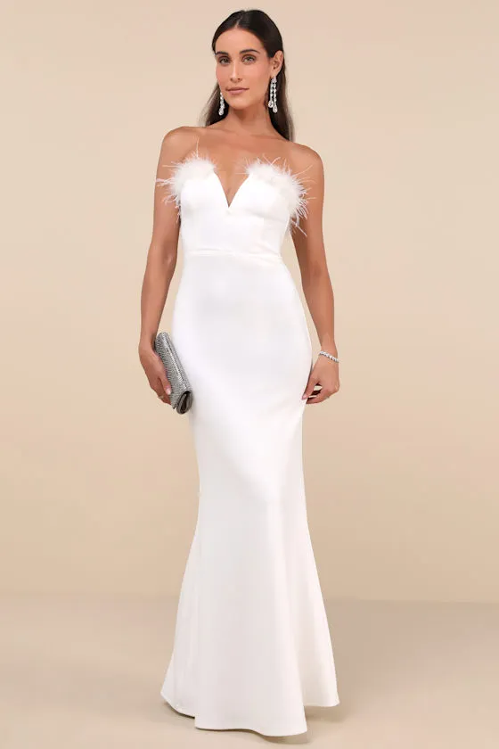Extraordinary Glam White Feather Strapless Mermaid Maxi Dress sold by Lulus