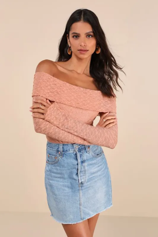 Serene Date Terracotta Lace Off-the-Shoulder Long Sleeve Top sold by Lulus