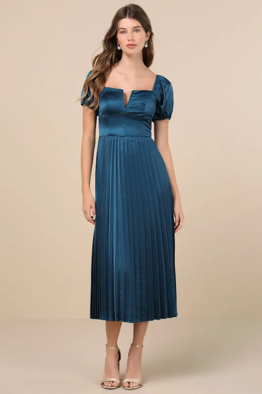 Flawless Forever Teal Satin Pleated Midi Dress sold by Lulus