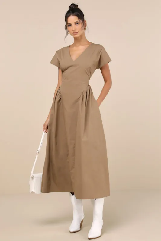 Modern Concept Khaki Short Sleeve V-Neck Midi Dress With Pockets sold by Lulus