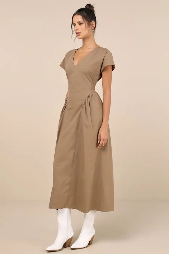 Modern Concept Khaki Short Sleeve V-Neck Midi Dress With Pockets sold by Lulus product image thumbnail 2