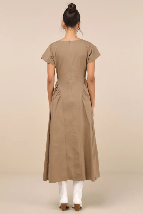 Modern Concept Khaki Short Sleeve V-Neck Midi Dress With Pockets sold by Lulus product image thumbnail 3
