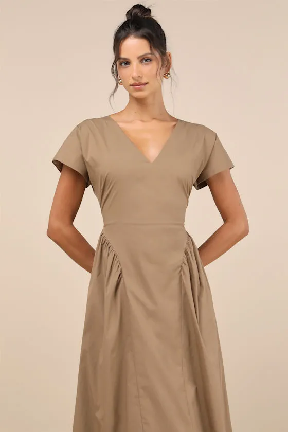Modern Concept Khaki Short Sleeve V-Neck Midi Dress With Pockets sold by Lulus product image thumbnail 4