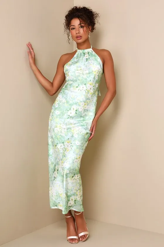 Glowing Presence Light Green Floral Satin Halter Maxi Dress sold by Lulus