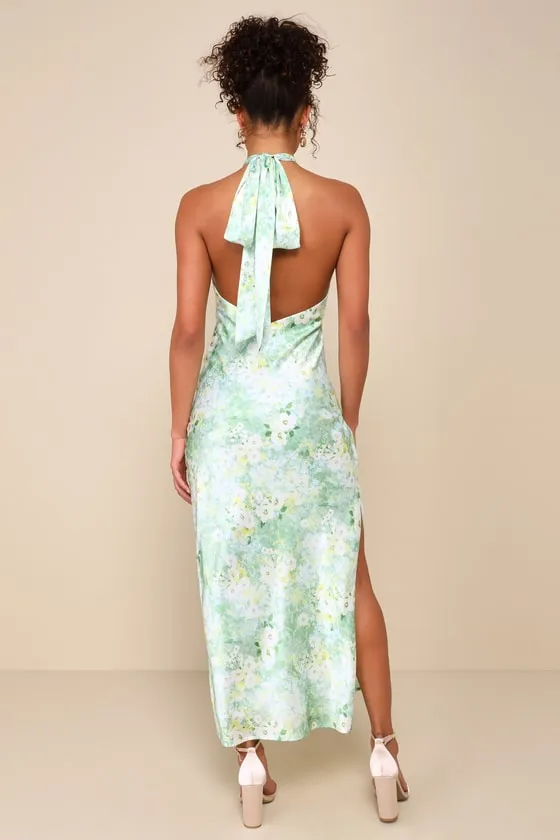 Glowing Presence Light Green Floral Satin Halter Maxi Dress sold by Lulus product image thumbnail 2