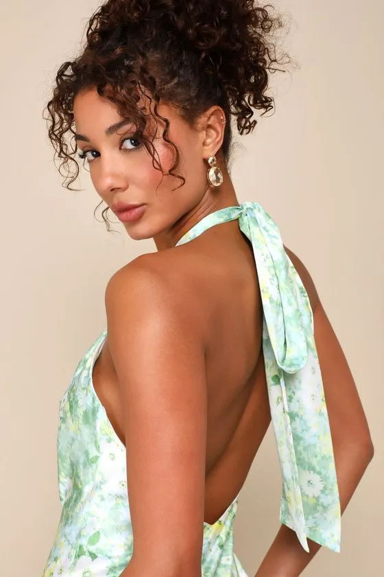 Glowing Presence Light Green Floral Satin Halter Maxi Dress sold by Lulus product image thumbnail 4