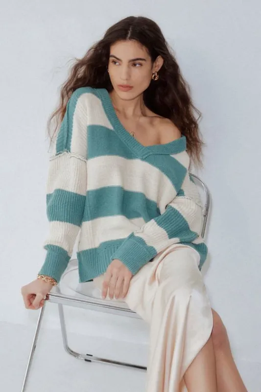 Notably Toasty Green Striped Sweater sold by Lulus