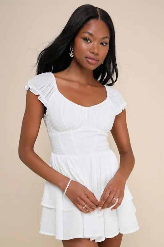 Considerably Cute White Swiss Dot Bustier Ruffled Romper sold by Lulus